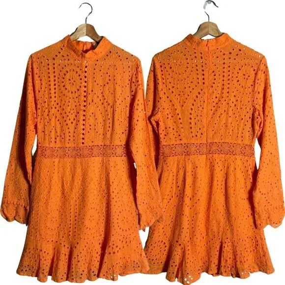 Lioness Eyelet Cutout High Neck Mini Dress Women's XL Orange Lace Party Cocktail - Picture 3 of 16